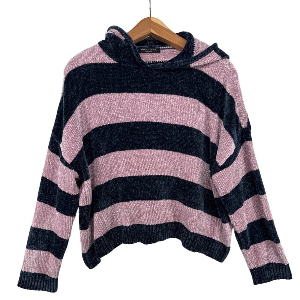 Romeo + Juliet Couture Womens Sweater Sz L Navy/Lavender Striped Hoodie Chenille
